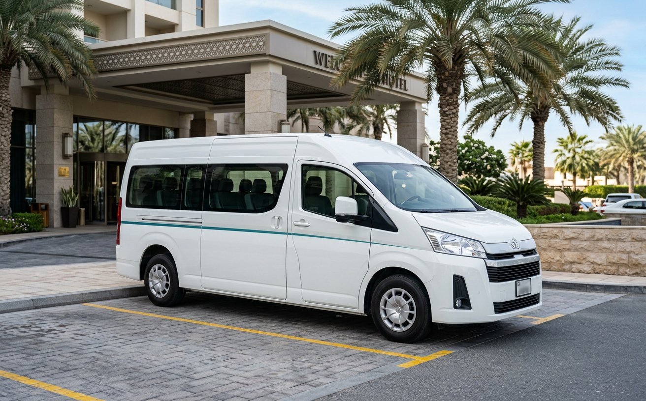 Illustrative Toyota Hiace passenger van image — 12-seat class