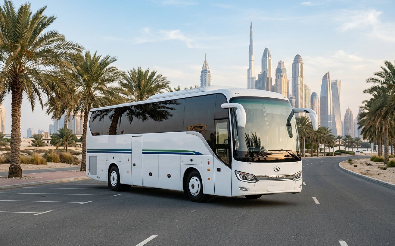 Illustrative King Long-style 50-seat coach image for Dubai rentals
