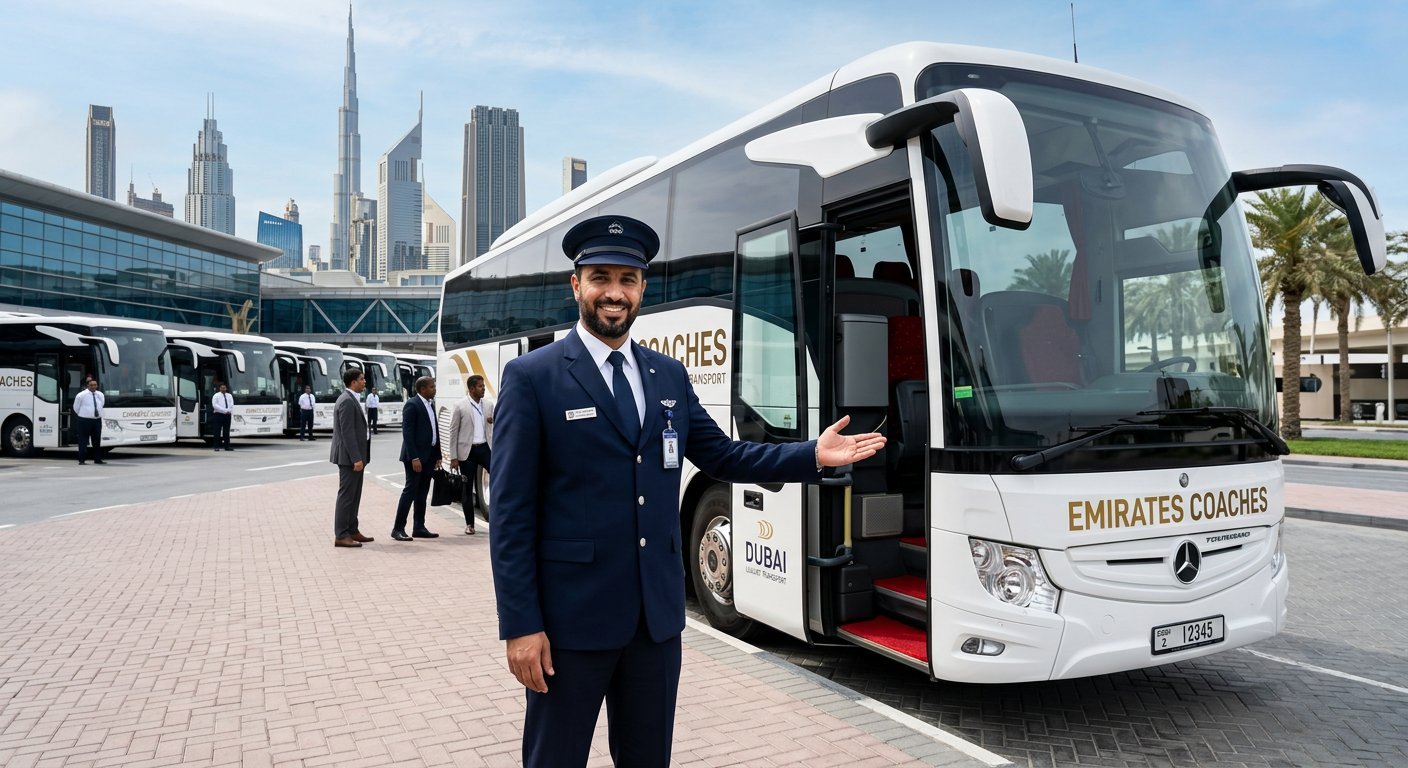 Professional Noor chauffeur beside a modern coach bus in Dubai